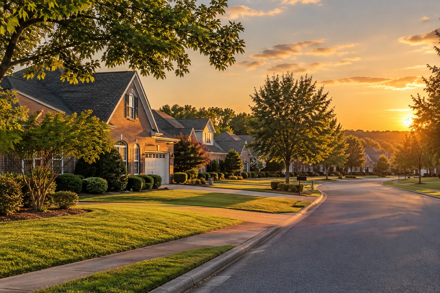 A North Alabama neighborhood street at golden hour, illustrative