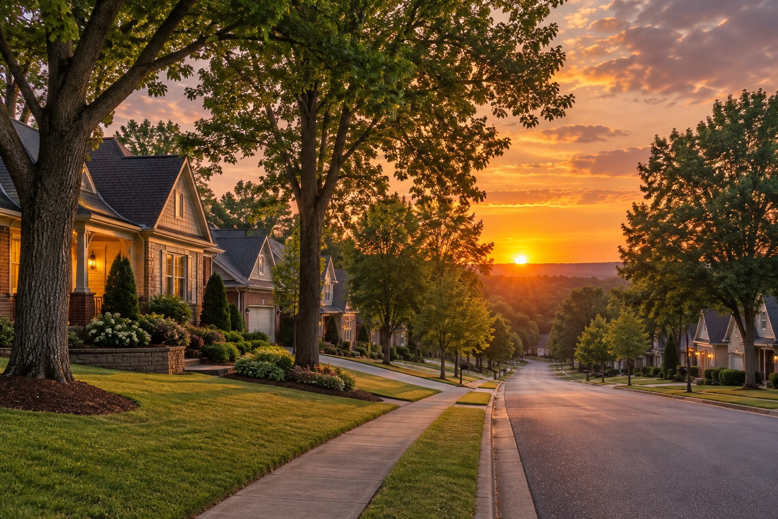 A North Alabama street at sunset, illustrative