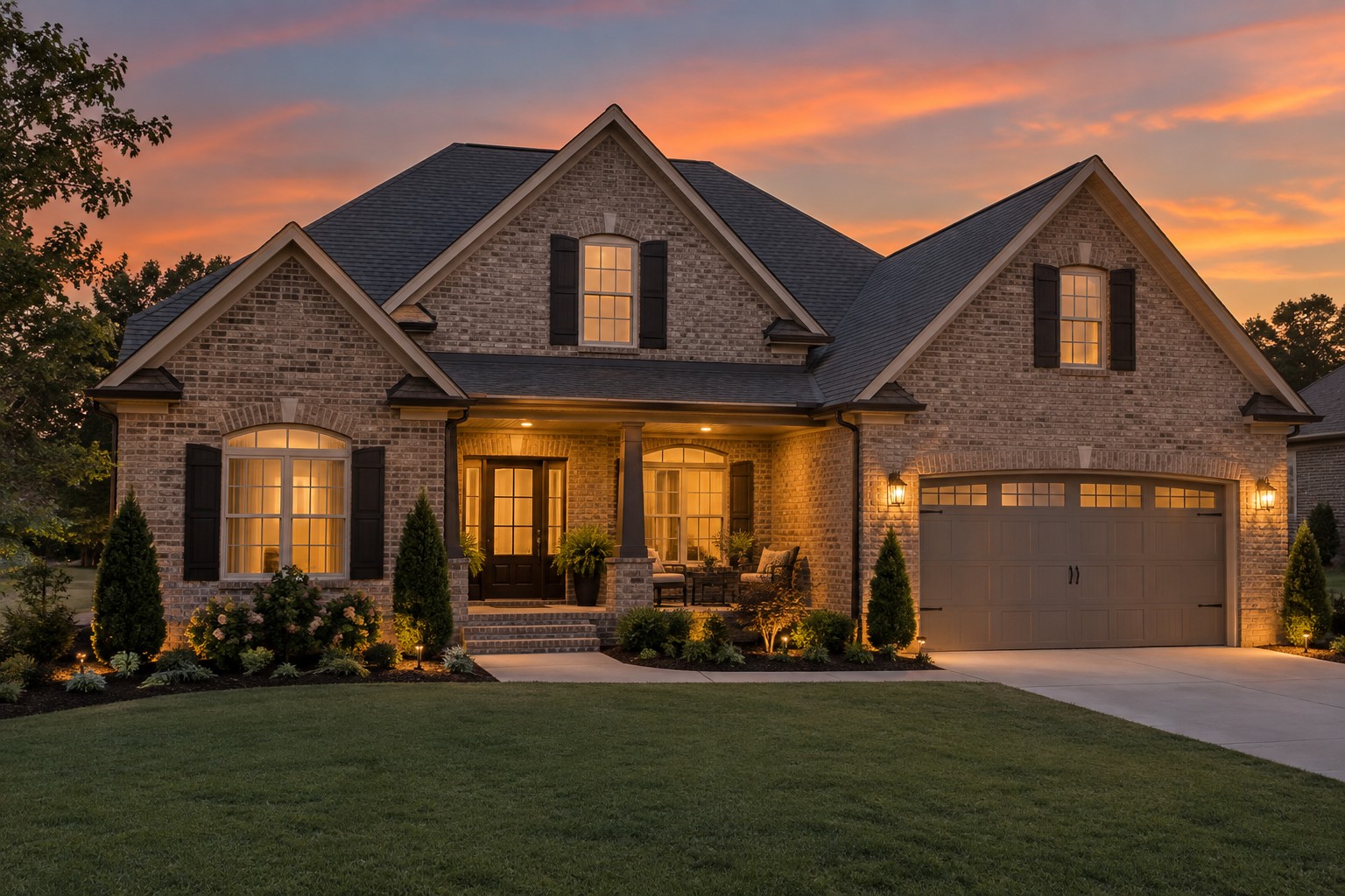 A North Alabama home exterior at dusk, illustrative